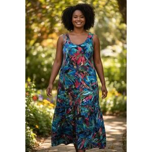 More Jazz Vintage Drop Waist Tropical Floral Rayon Dress Size 18W Made in USA